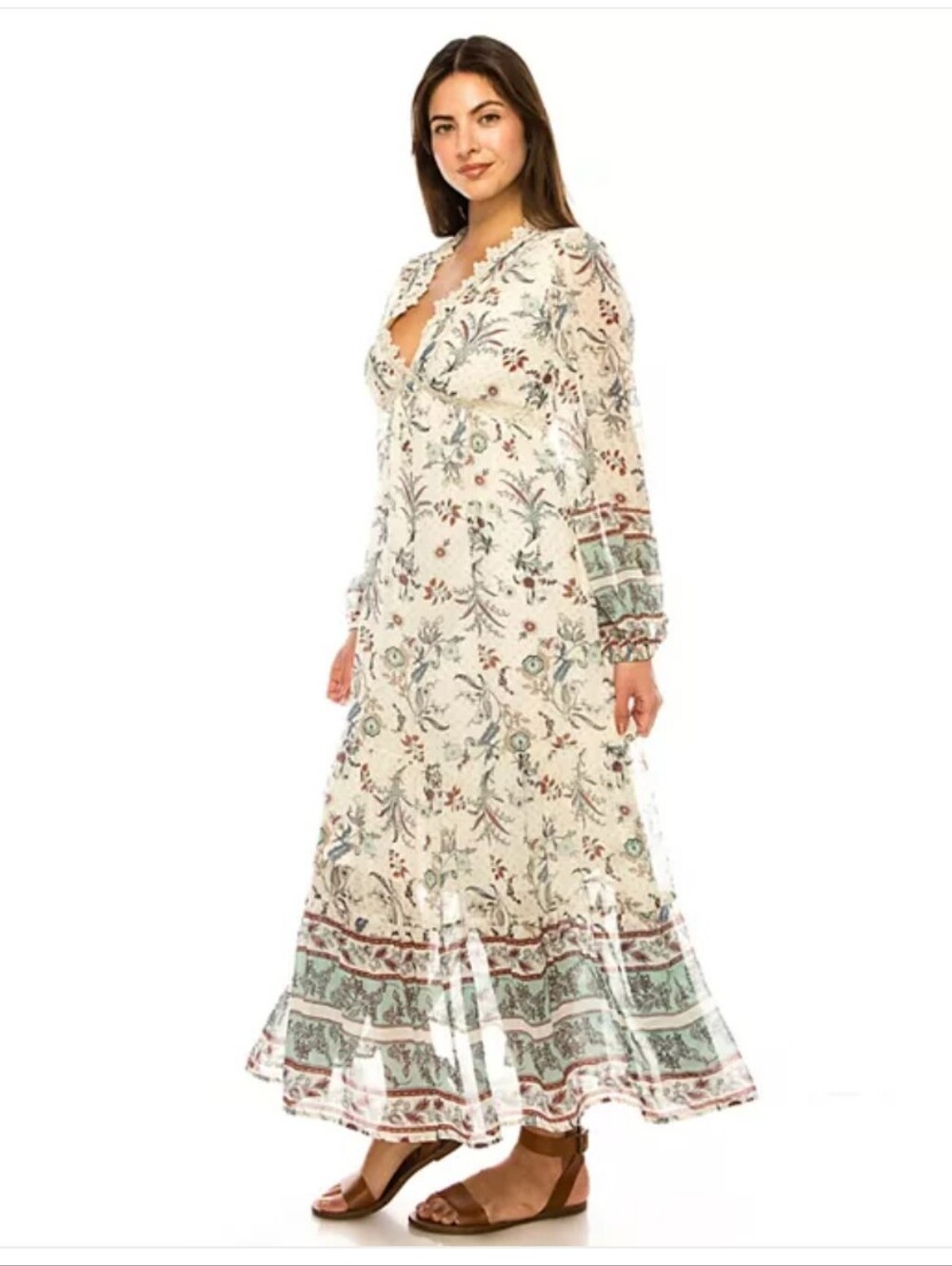 Bohemian Floral V-Neck Maxi Dress in Cream and Teal Chiffon & Lace Size Small